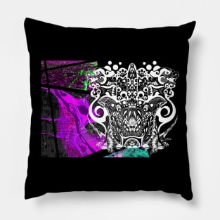 the city and the kaiju beast in ecopop surreal remixes art Pillow