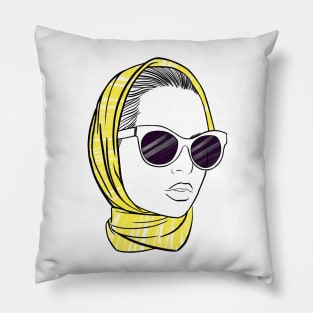 beautiful girl in a yellow bandana and sunglasses Pillow