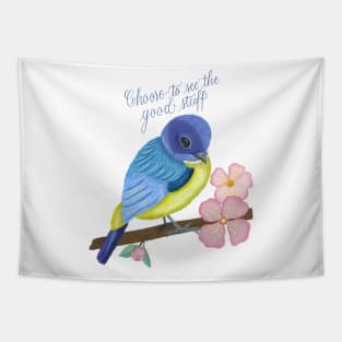 Bird illustration, spring spirits and calligraphy Tapestry