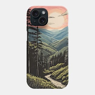 Mountainous Terrain During Sunset Or Sunrise Tall Coniferous Trees Phone Case