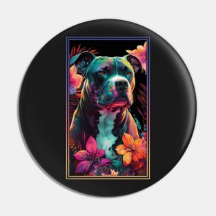 American Staffordshire Terrier Pitbull Vibrant Tropical Flower Tall Digital Oil Painting Portrait  6 Pin