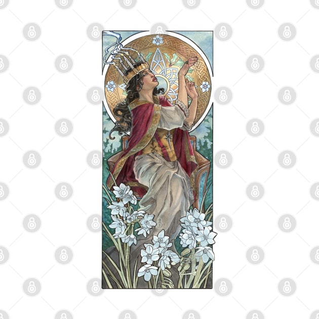 Lady of December with White Narcissus and Saint Lucy Candle Crown Goddess Mucha Inspired Birthstone Series by angelasasser