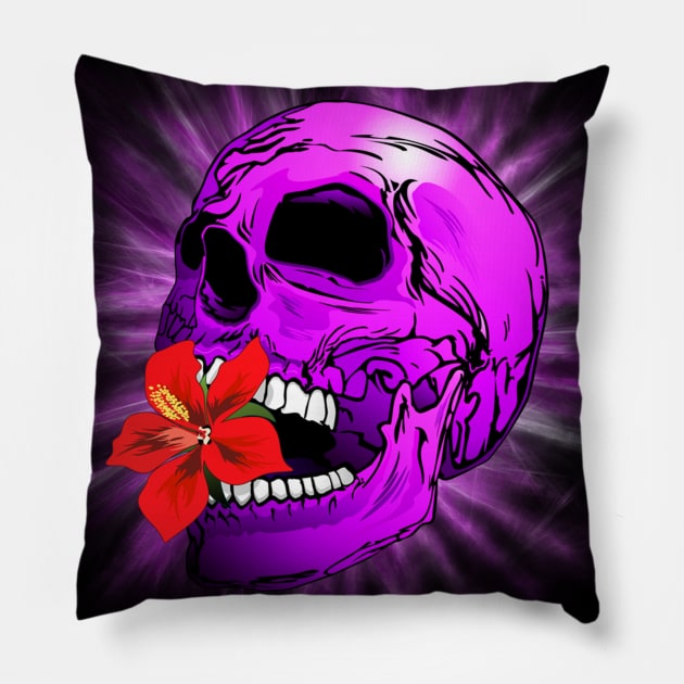 Purple Sugar Skull with Hibiscus Flower Pillow by BluedarkArt