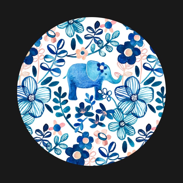 Blush Pink, White and Blue Elephant and Floral Watercolor Pattern by micklyn