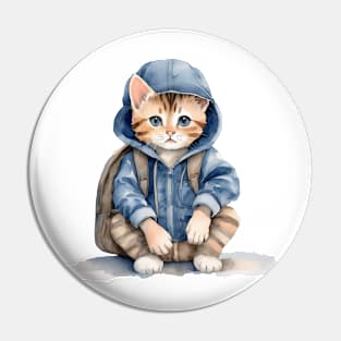 cute streat cat wearing a hoodie and a backpack Pin