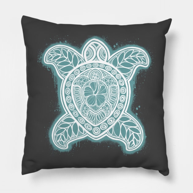 Pasifika Turtle - white on aqua Pillow by AprilAppleArt