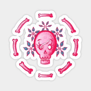 Funny Pink Skull With Flowers And Bones Magnet
