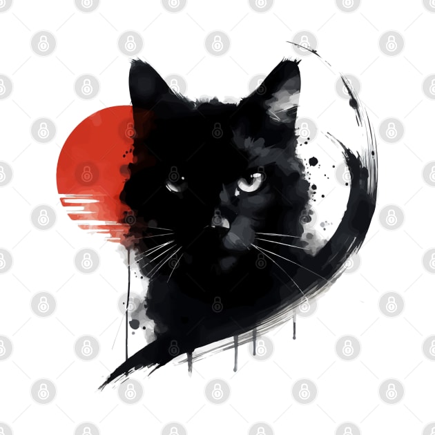 Sumie Art Japanese Brushstroke Black Cat Red Sun by TomFrontierArt