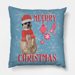 Merry Christmas (Meerry) - Meerkat in Christmas hat & scarf with snowflakes Pillow