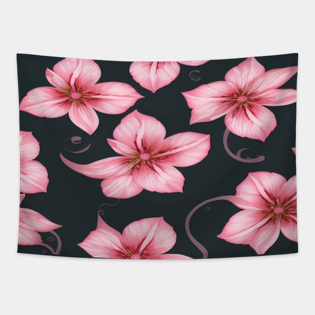 Pink floral pattern with black background Tapestry by BirdsnStuff