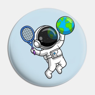 Cute Astronaut Playing Earth Globe Tennis Cartoon Pin