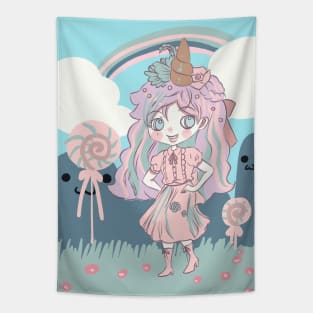 Cute kawaii unicorn anime manga chibi girl Tapestry