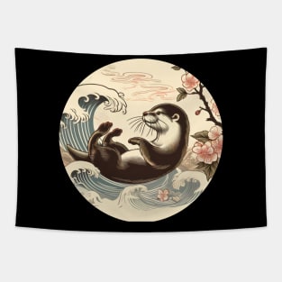 Aquatic Animal Vintage Sunset Art Floral Japanese Otter Tapestry