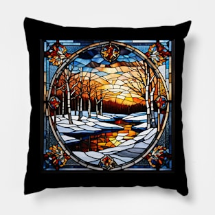 Stained Glass Window Snowy Winter Scene Pillow