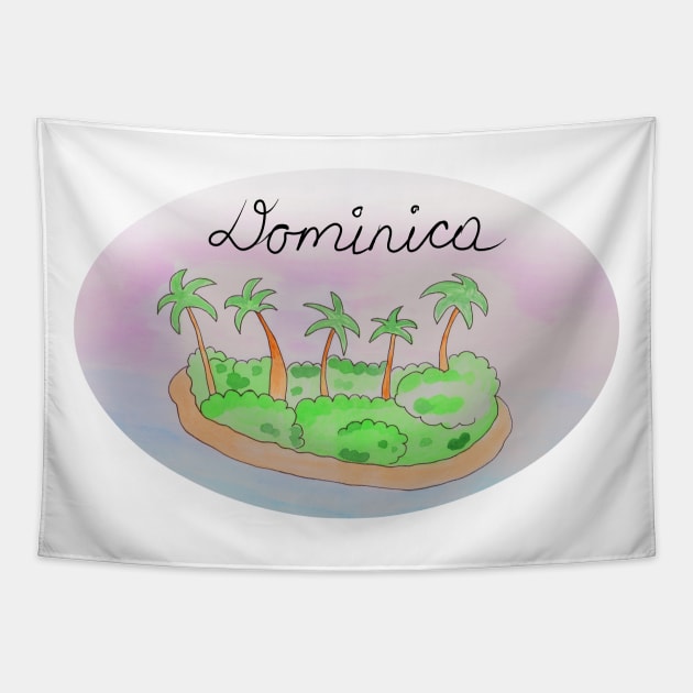 Dominica watercolor Island travel, beach, sea and palm trees. Holidays and vacation, summer and relaxation Tapestry by grafinya