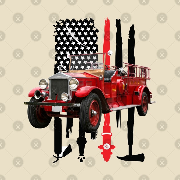 Vintage Fire Truck with Firefighter Flag by Dragon Sales Designs 