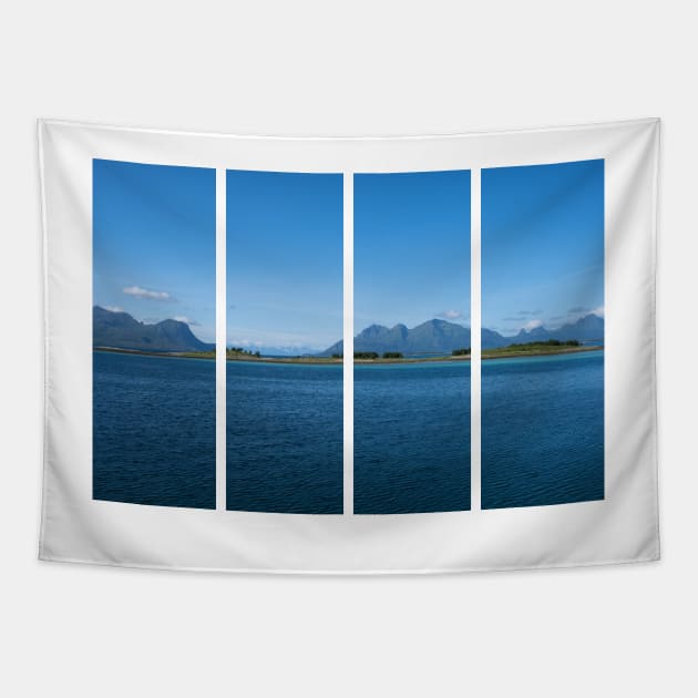 Wonderful landscapes in Norway. Nordland. Beautiful scenery of a coastline from Mortenstranda beach. Rippled sea in a sunny summer day.White clouds and islands in the background Tapestry by fabbroni-art