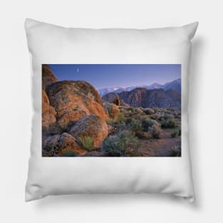 Crescent Moon Rising Over Sierra Nevada Range As Seen From Alabama Hills Pillow