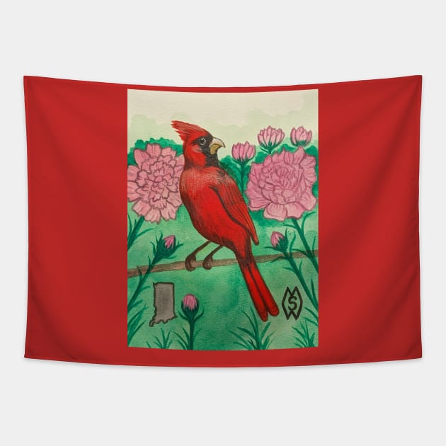 Indiana state bird and flower, the cardinal and peony Tapestry by Matt Starr Fine Art