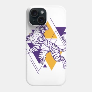 Retro Purple & Gold Tiger on the Attack // Vintage Geometric Shapes Background Phone Case