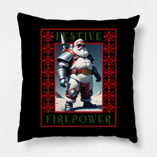 Cool Armed Santa. Ugly Christmas Sweater. Festive Firepower Pillow