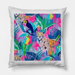 Cheetah, toucan and macaw parrot in colourful preppy jungle Pillow