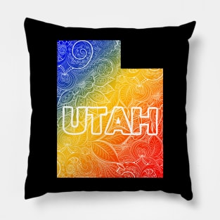 Colorful mandala art map of Utah with text in blue, yellow, and red Pillow