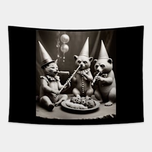 clown cat playing flute with bears Tapestry