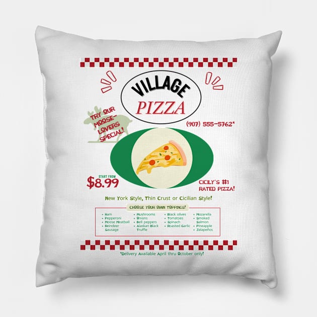 Cicely Village Pizza Flyer Pillow by Ironymaiden 