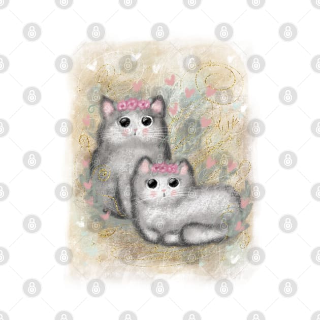 Cute colorful illustrations in retro style. Beautiful fluffy kitties with pink flowers around their head. by Olena Tyshchenko