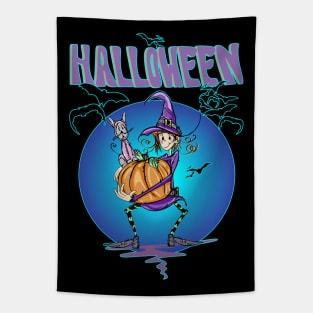 Cute Halloween Witch And Cat Tapestry