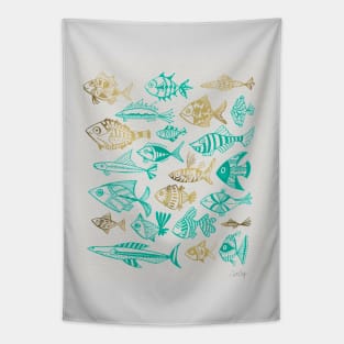 fish inkings turquoise gold Tapestry