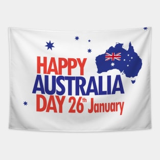 Happy Australia Day 26th January inscription poster with Calligraphy lettering, Australian Flag, Australia Map, stars and fireworks. Patriotic Holiday Tapestry