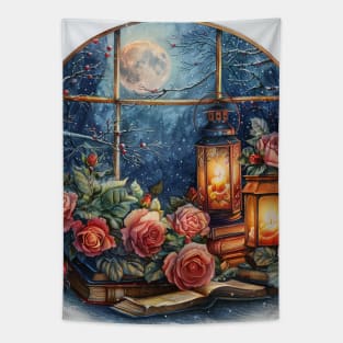 Fantasy winter starry night window Tapestry