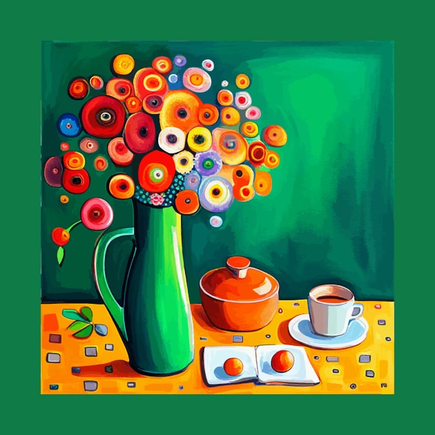 Cute Abstract Flowers in a Green Vase Still Life Painting by bragova