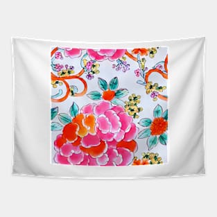 Pink and orange chinoiserie roses and leaves seamless pattern Tapestry