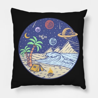 Camping under the moon and Planets - hand drawn Pillow