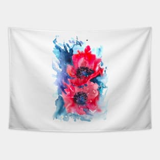 Pink Poppy flowers Watercolor Painting Tapestry