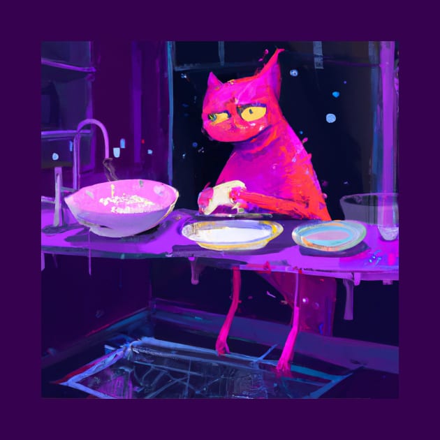 Pink Cat Creature Washes Dishes After a Long Night by Star Scrunch