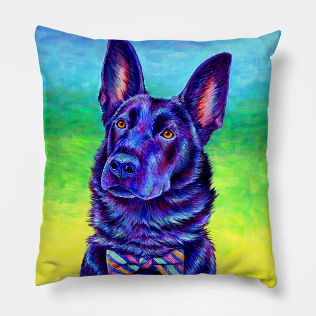 Vibrant Black German Shepherd Dog Pillow by rebeccawangart