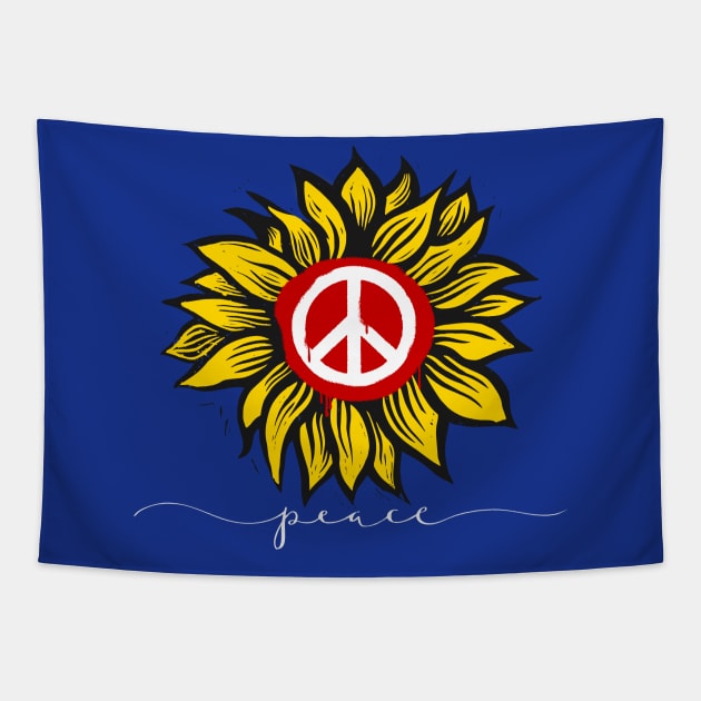 Peace for Ukraine!  with Ukraine's National Sunflower and Peace Symbol on a Dark Background Tapestry by Puff Sumo