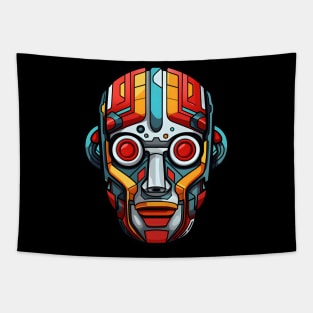 Colorful Tribal-Inspired Cybernetic Mask Design Tapestry