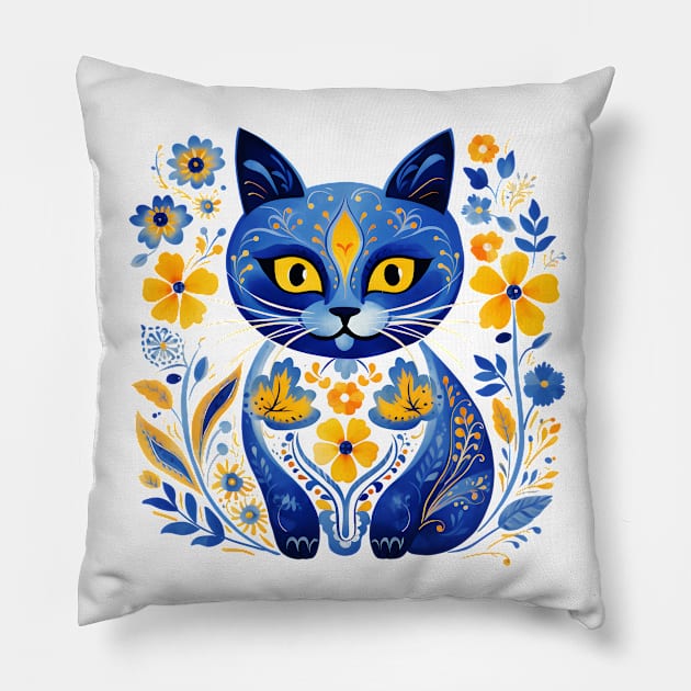 Ukraine Cat Floral Vintage Ukrainian Flag Vyshyvanka Style Pillow by Ai Wanderer