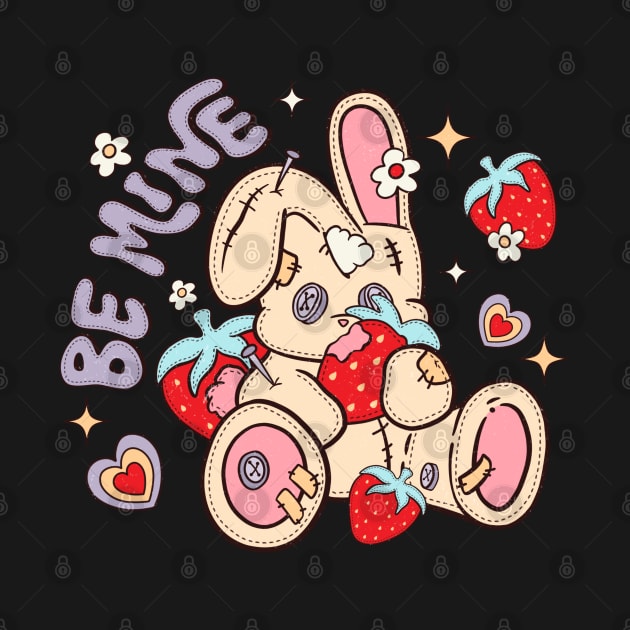 Be Mine Cute Bunny Strawberries Illustration by Pop Cult Store