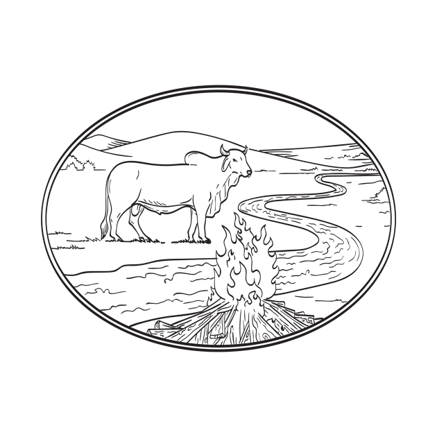 Brahman Bull Standing with Winding River or Creek Mountain Range and Campfire Line Art Drawing Tattoo Style Black and White by patrimonio