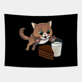 Norwegian Forest Cat excited to have Chocolate Cake with Milk Tapestry