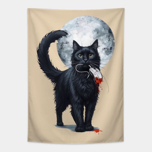 Purfect hunter in the Digital Edition, black Cat vs. Mouse, Humor, Cats, Technology, cats lovers design Tapestry by Collagedream