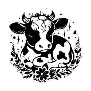 Cute Cow with Floral Wreath Black and White Artwork T-Shirt