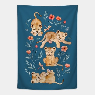 Little Lazy Lions with Poppies and Dragonflies Tapestry