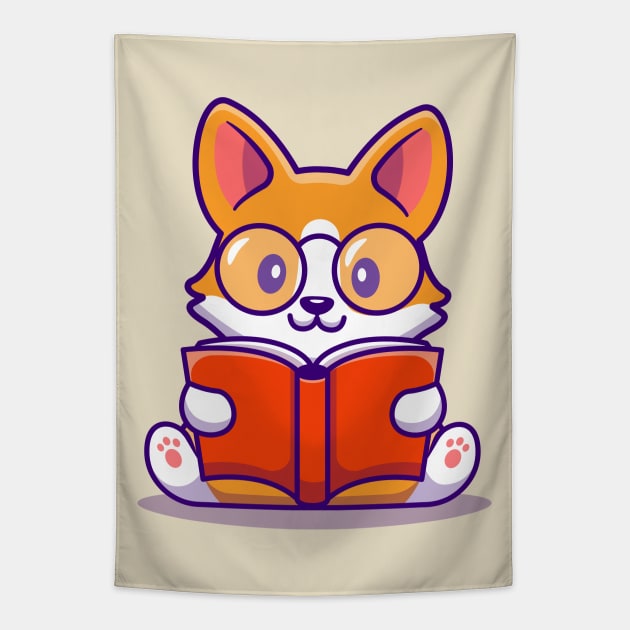 Cute Corgi Dog Reading Book Tapestry by Catalyst Labs